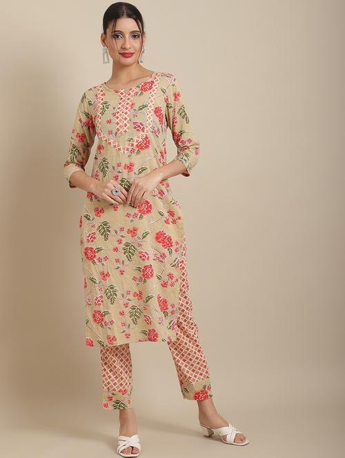 beige cotton kurta pant set - 21022604 - Very Small Image - 1