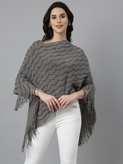 women grey self design ponchos - 21023550 - Very Small Image - 1