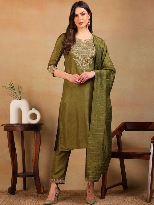 olive green embroidered suit set - 21024558 - Very Small Image - 1