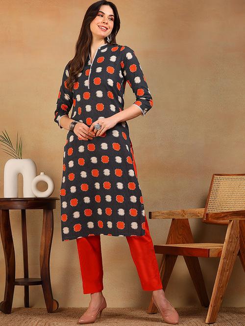charcoal cotton straight kurta - 21024568 - Very Small Image - 1