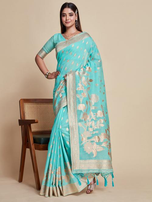 turquoise cotton blend banarasi saree with blouse - 21024732 - Very Small Image - 1