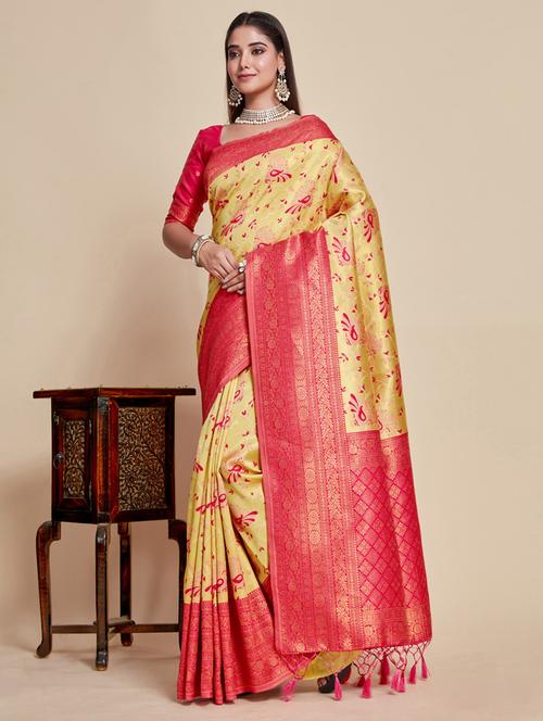 yellow art silk kanjivaram saree with blouse - 21024743 - Very Small Image - 1