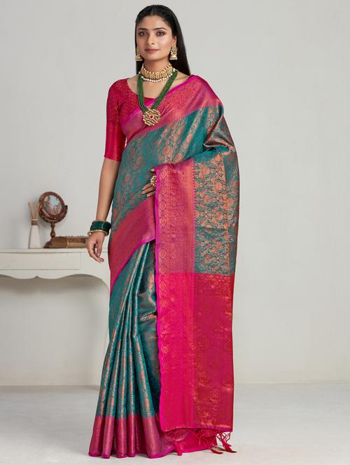 turquoise art silk kanjivaram saree with blouse - 21024780 - Very Small Image - 1