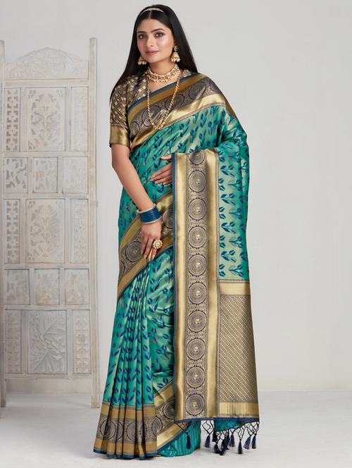 turquoise art silk kanjivaram saree with blouse - 21024813 - Very Small Image - 1