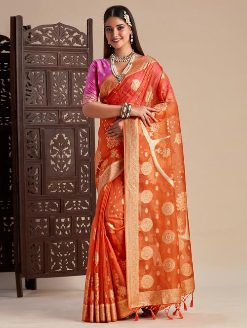 orange art silk banarasi saree with blouse - 21024828 - Very Small Image - 1