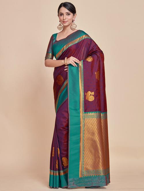 purple art silk kanjivaram saree with blouse - 21025017 - Very Small Image - 1