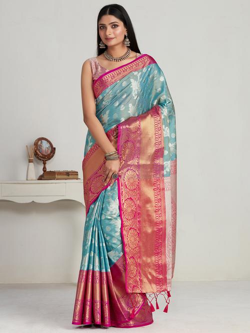turquoise art silk kanjivaram saree with blouse - 21025120 - Very Small Image - 1