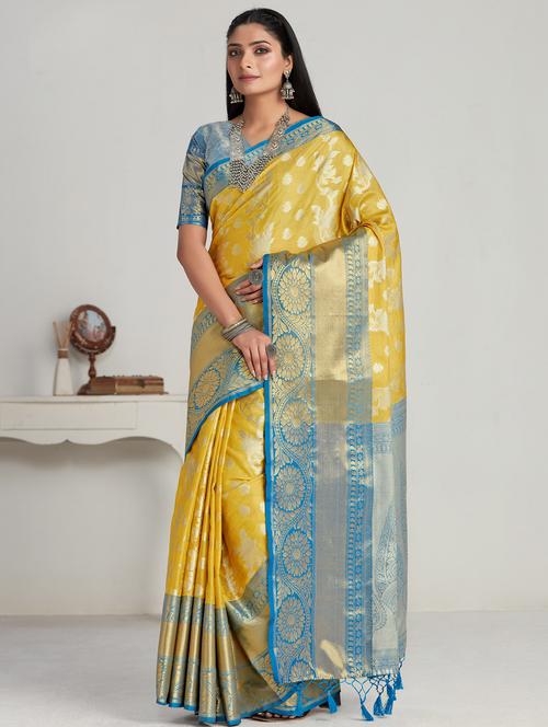 yellow art silk kanjivaram saree with blouse - 21025124 - Very Small Image - 1