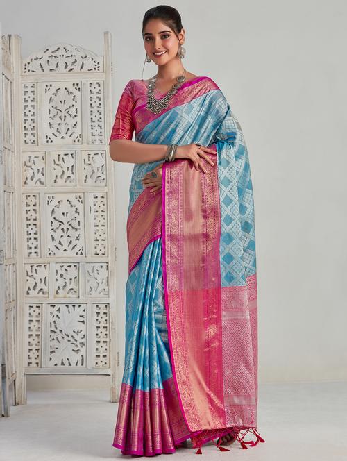 turquoise art silk kanjivaram saree with blouse - 21025125 - Very Small Image - 1