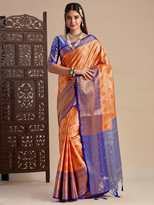 orange art silk kanjivaram saree with blouse - 21025128 - Very Small Image - 1