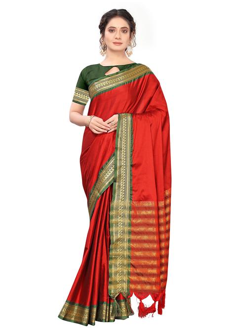 red cotton blend paithani saree with blouse - 21028777 - Very Small Image - 1