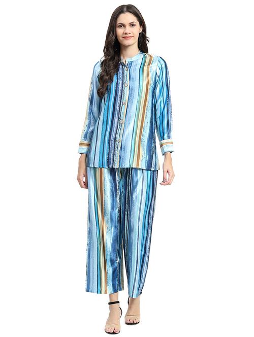 women blue mandarin neck co-ord sets - 21029793 - Very Small Image - 1