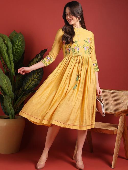 yellow navy blue embroidered a-line dress - 21034490 - Very Small Image - 1