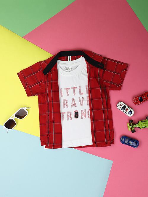 kids red checked printed shirt with tee - 21034662 - Very Small Image - 1