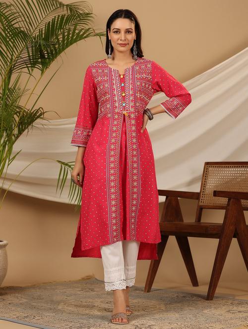 pink three quarter sleeve high low kurta - 21034942 - Very Small Image - 1