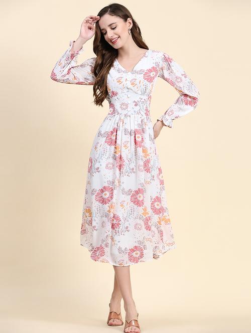 off white floral printed detailed midi dress - 21036528 - Very Small Image - 1