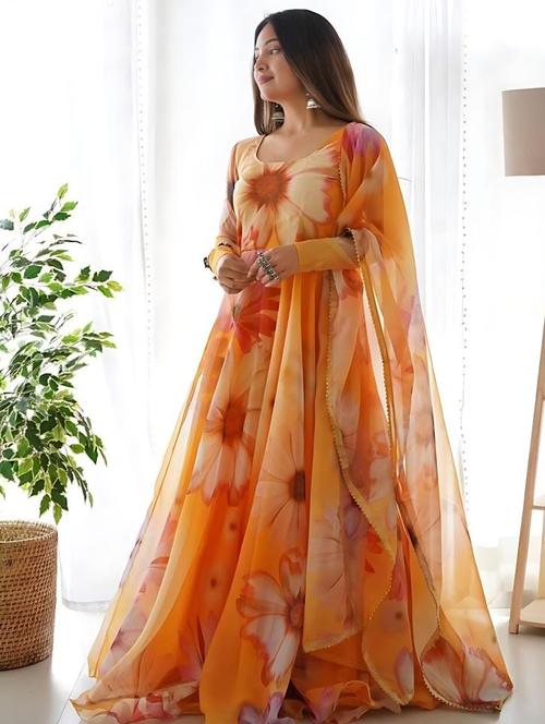 orange organza anarkali suit set - 21036540 - Very Small Image - 1