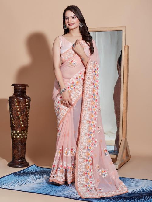 peach georgette embroidered saree with blouse - 21036793 - Very Small Image - 1