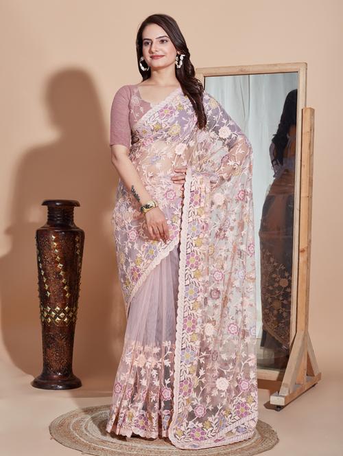 peach net embroidered saree with blouse - 21036804 - Very Small Image - 1