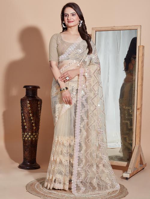 cream net embroidered saree with blouse - 21036810 - Very Small Image - 1