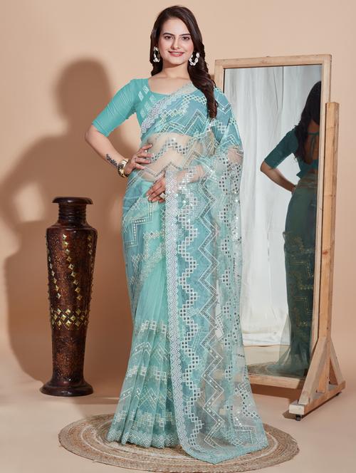 turquoise embroidered saree with blouse - 21036811 - Very Small Image - 1