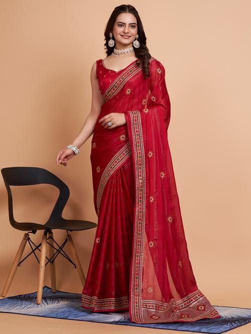 red solid with bordered saree with blouse - 21036822 - Very Small Image - 1