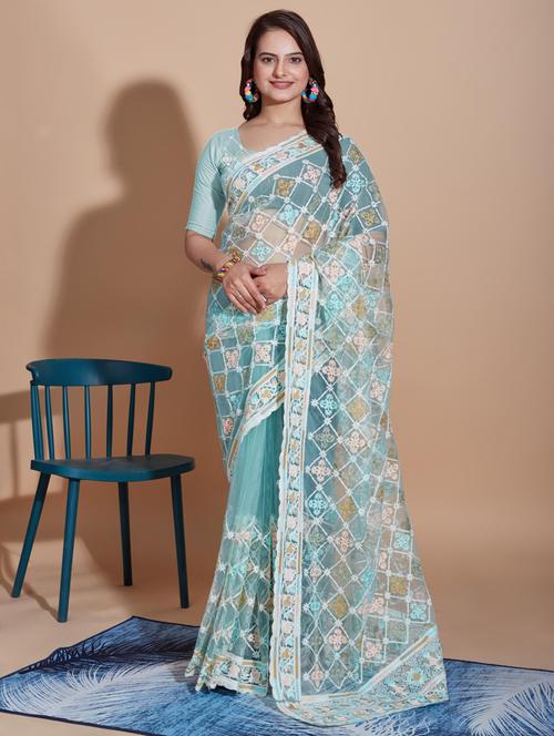 light blue embroidered saree with blouse - 21036828 - Very Small Image - 1