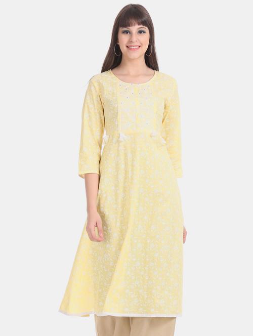 yellow cotton floral print a-line kurta - 21048624 - Very Small Image - 1