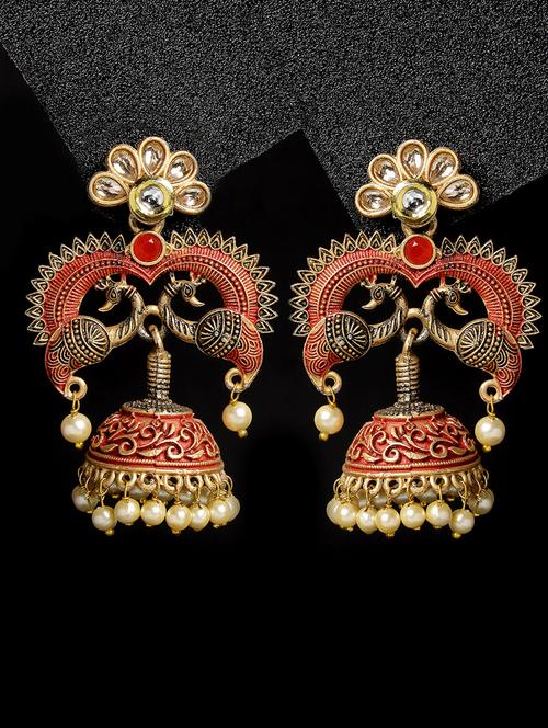 gold-plated red hand-painted kundan stone & pearl peacock shaped jhumka earrings - 21054042 - Very Small Image - 1