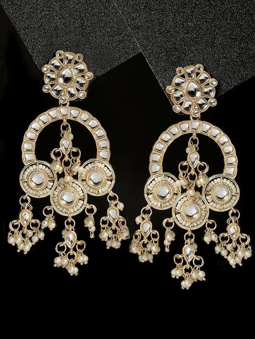 gold-plated kundan stone & beads handcrafted drop earrings - 21054047 - Very Small Image - 1