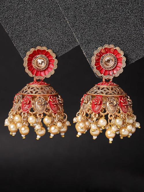 adiva gold-plated red hand painted peral & stone floral shaped jhumka earrings - 21054071 - Very Small Image - 1