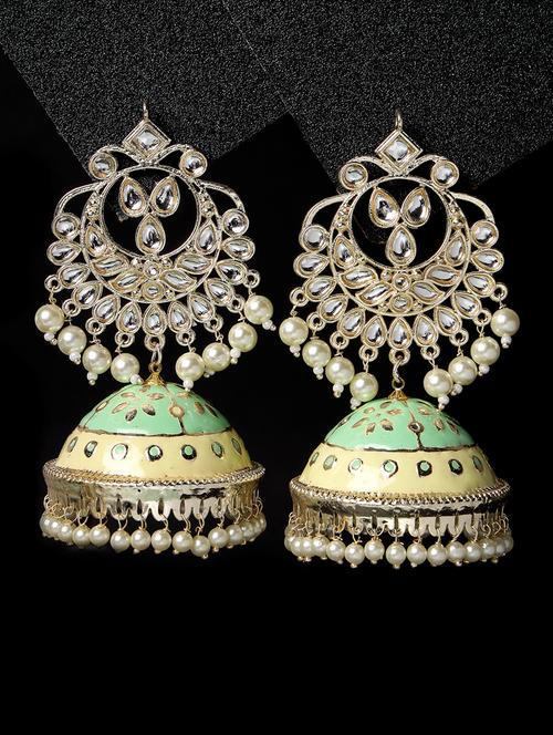 adiva gold-plated kundan sea green meenakari dome shape jhumka earrings - 21054077 - Very Small Image - 1