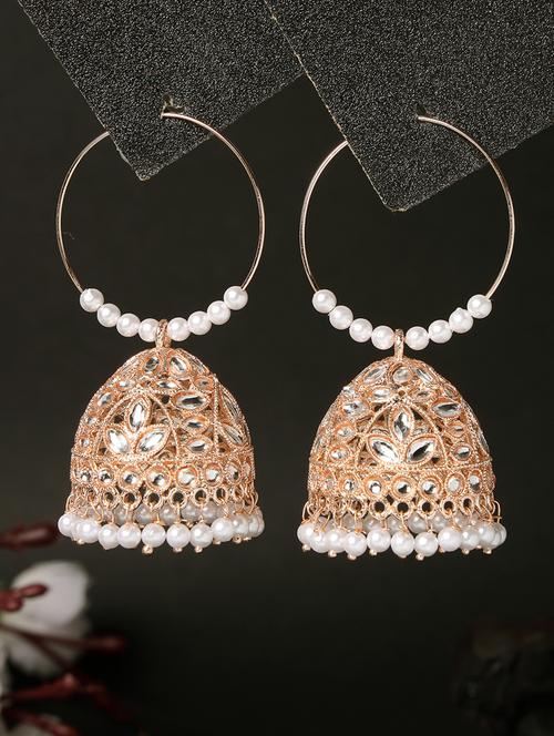 adiva rose gold-plated kundan stone & pearls jhumka earrings - 21054078 - Very Small Image - 1
