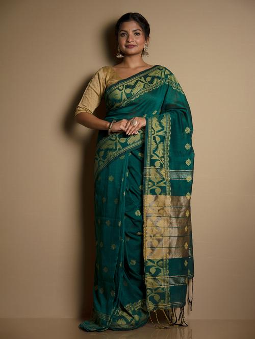 teal handloom saree - 21055589 - Very Small Image - 1