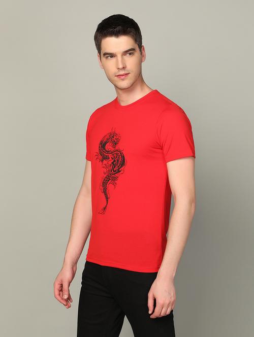 red cotton blend chest print t-shirt - 21062942 - Very Small Image - 1