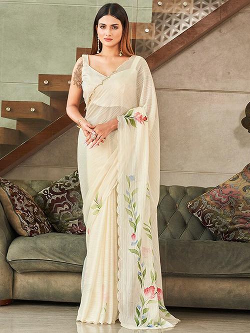 off white georgette printed saree - 21063103 - Very Small Image - 1