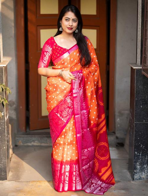 women orange bandhani printed saree - 21063127 - Very Small Image - 1