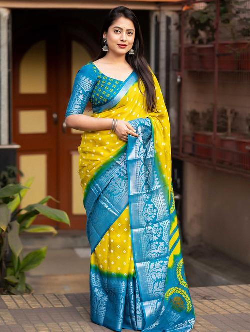 women yellow bandhani printed saree with blouse - 21063128 - Very Small Image - 1