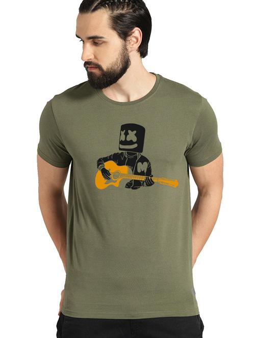 olive green front print casual t-shirt - 21064548 - Very Small Image - 1
