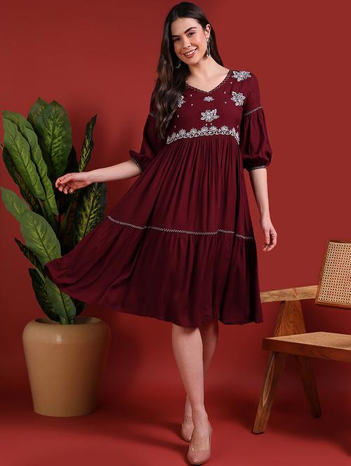 women maroon embroidered detailed dress - 21066221 - Very Small Image - 1