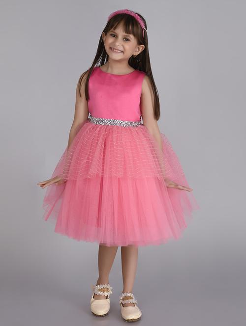 girls pink self design detailed frock - 21067370 - Very Small Image - 1