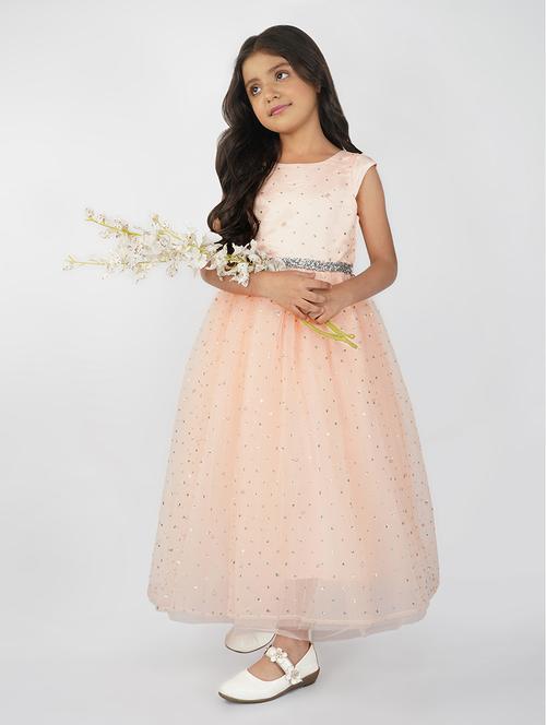 girls orange self design detailed frock - 21067435 - Very Small Image - 1