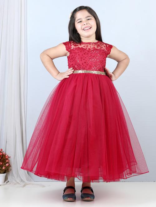 girls red self design detailed frock - 21067504 - Very Small Image - 1