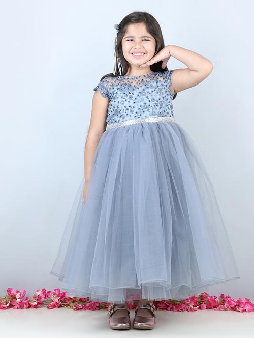 girls grey self design detailed frock - 21067506 - Very Small Image - 1