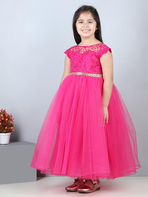 girls round neck net flare frock - 21067510 - Very Small Image - 1