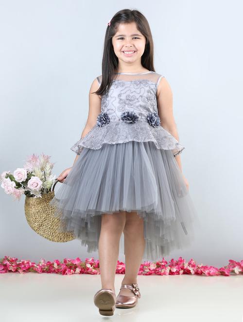 girls grey self design detailed frock - 21067554 - Very Small Image - 1