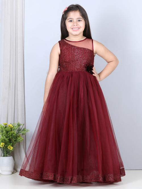girls maroon self design detailed frock - 21067583 - Very Small Image - 1