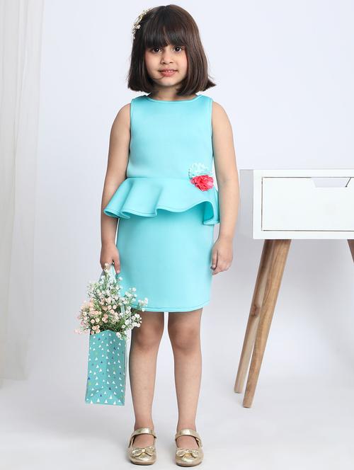 girls round neck frower applique lycra frock - 21068529 - Very Small Image - 1