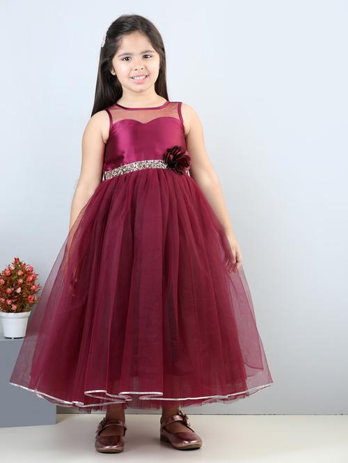 girls solid maroon detailed frock - 21068538 - Very Small Image - 1