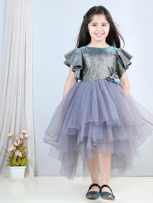 girls grey self design detailed frock - 21068593 - Very Small Image - 1